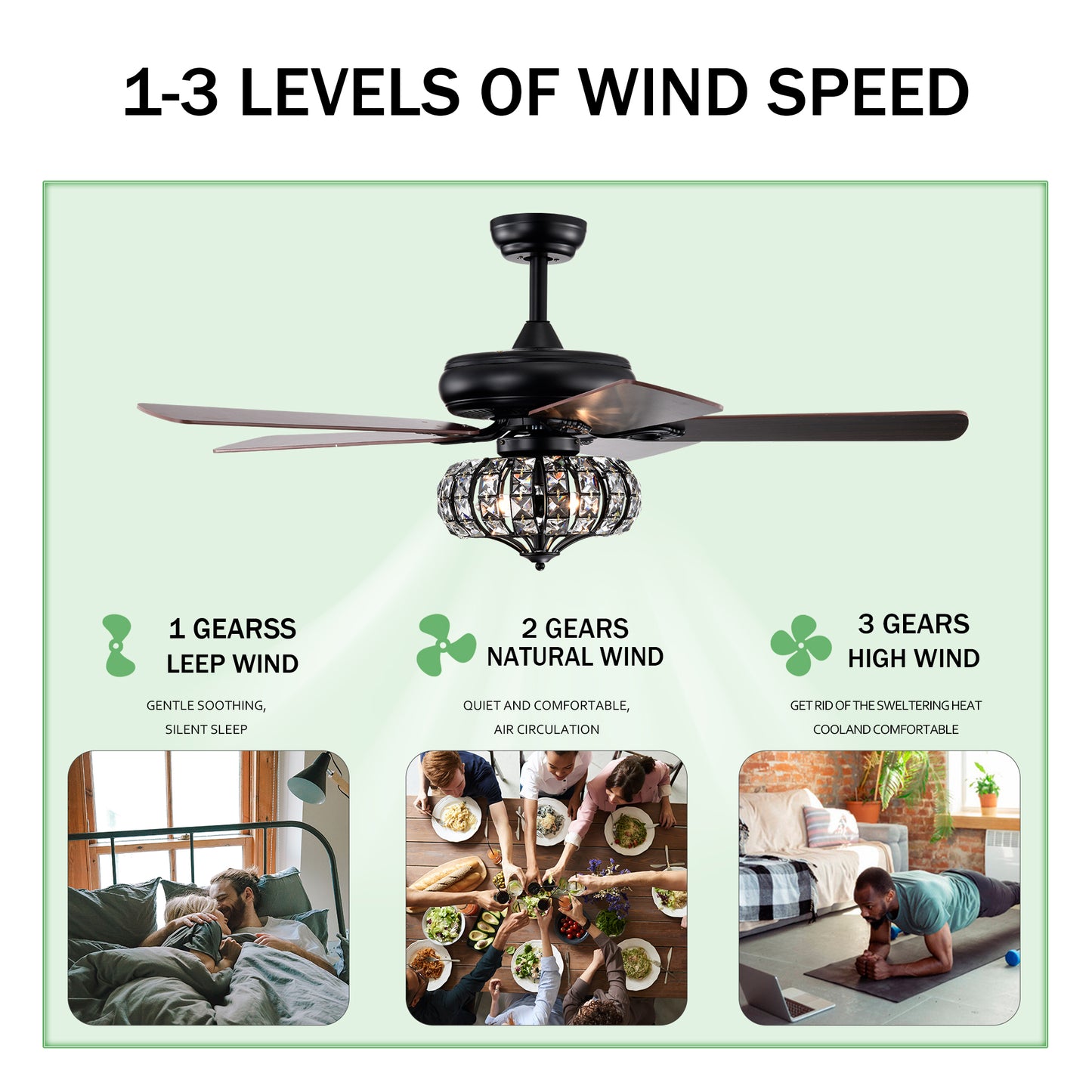 Elegant 52" Ceiling Fan Lamp - Crystal Shade, Remote Control, 3 Speeds, and 5 Reversible Blades - Matte Black