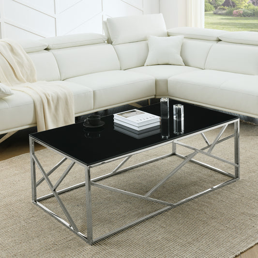 Contemporary Rectangular Coffee Table - Black Tempered Glass Top with Polished Chrome Frame, Perfect for Living Rooms