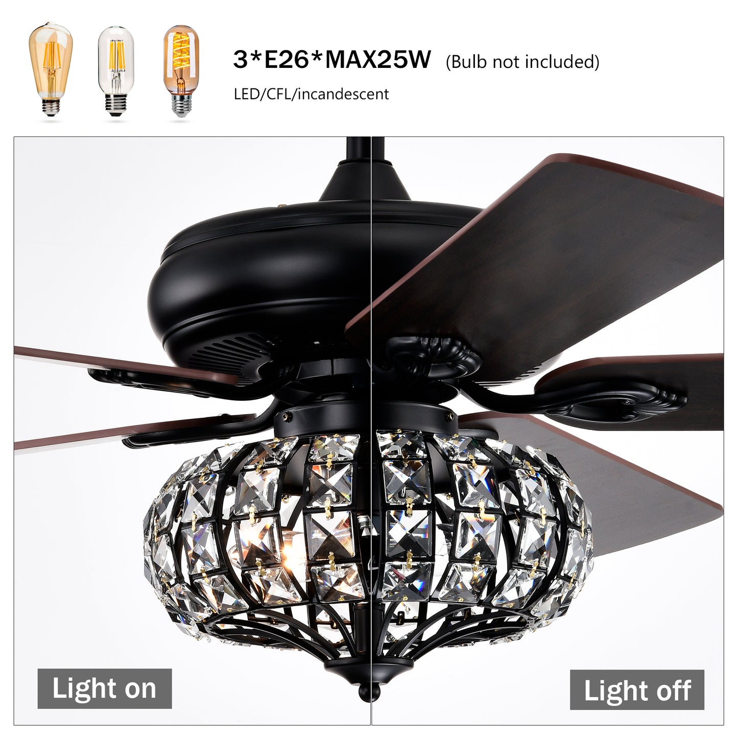 Elegant 52" Ceiling Fan Lamp - Crystal Shade, Remote Control, 3 Speeds, and 5 Reversible Blades - Matte Black