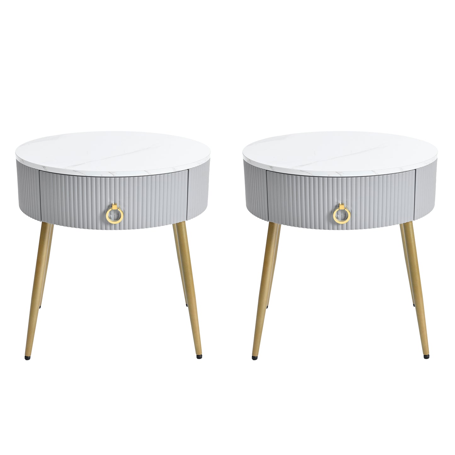 ON-TREND Φ19.6'' Easy Assembly End Tables with High Gloss Faux Marble Tabletops, Set of 2, Modern Fluted 2 Side Tables with Drawers, Round Coffee Tables with Golden Legs for Living Room, Grey