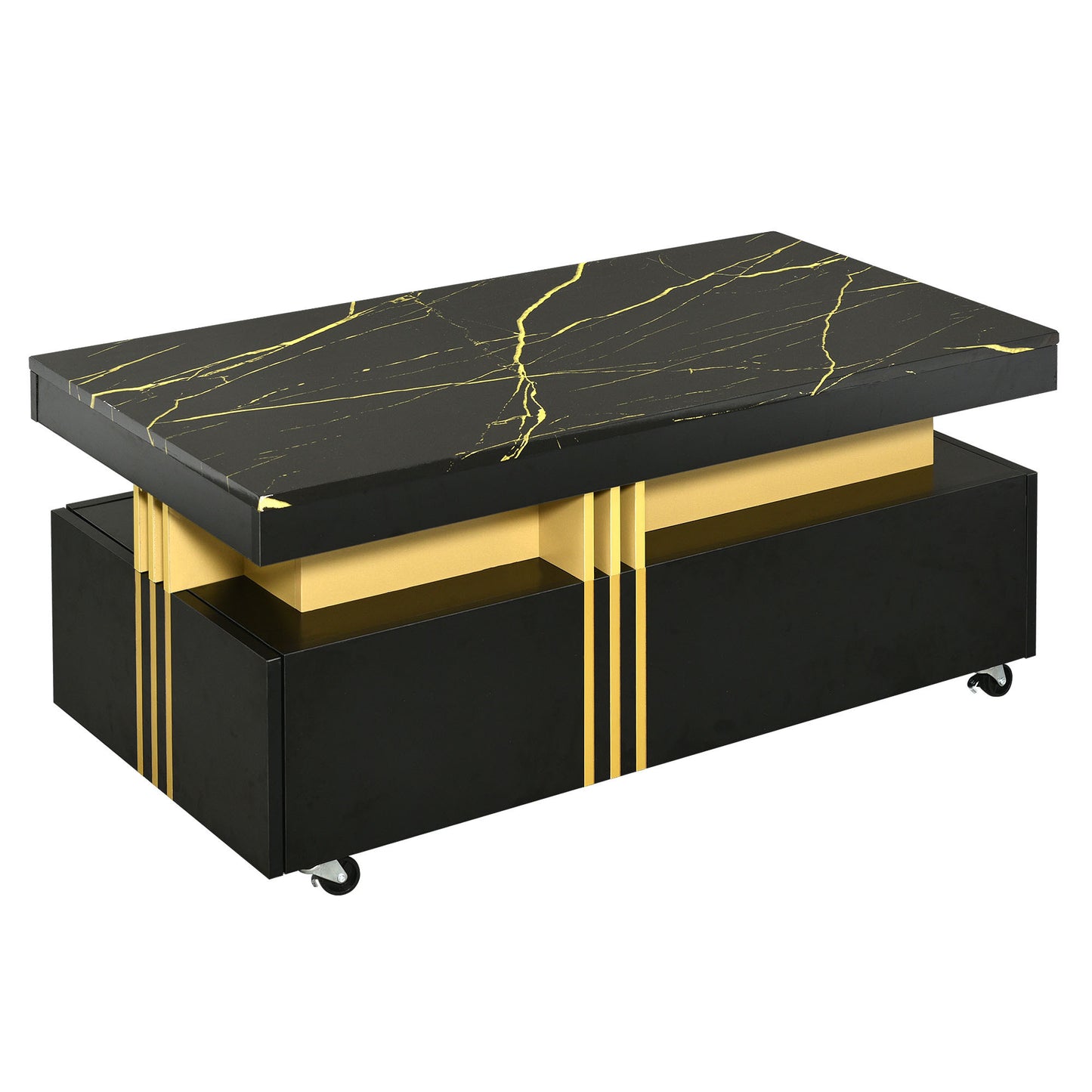 [VIDÉO fournie] Table basse contemporaine ON-TREND avec plateau en faux marbre, table de cocktail rectangulaire avec roulettes, table centrale de luxe modéré avec barres en métal doré pour le salon, noir