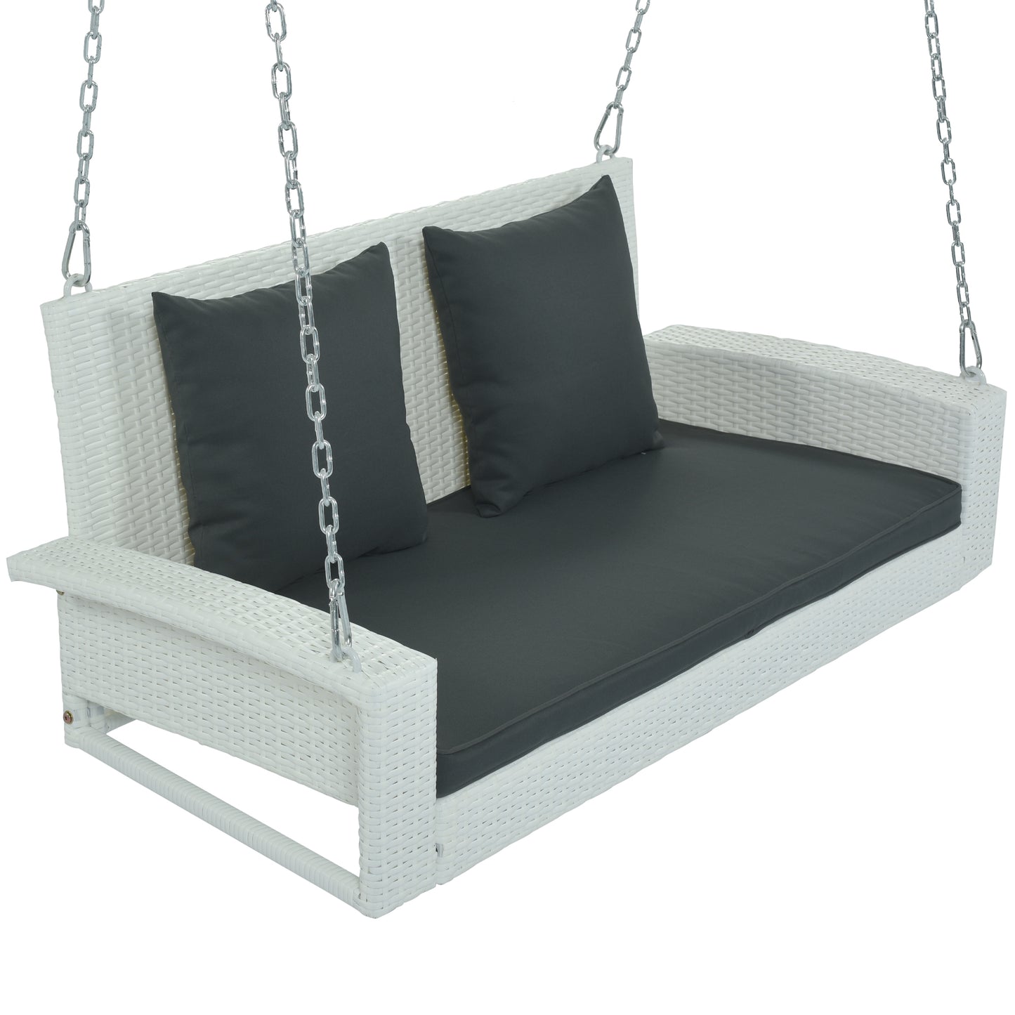 GO Balançoire de porche suspendue en osier pour 2 personnes avec chaînes, coussin, oreiller, banc de balançoire en rotin pour jardin, cour, étang. (Osier blanc, coussin gris)