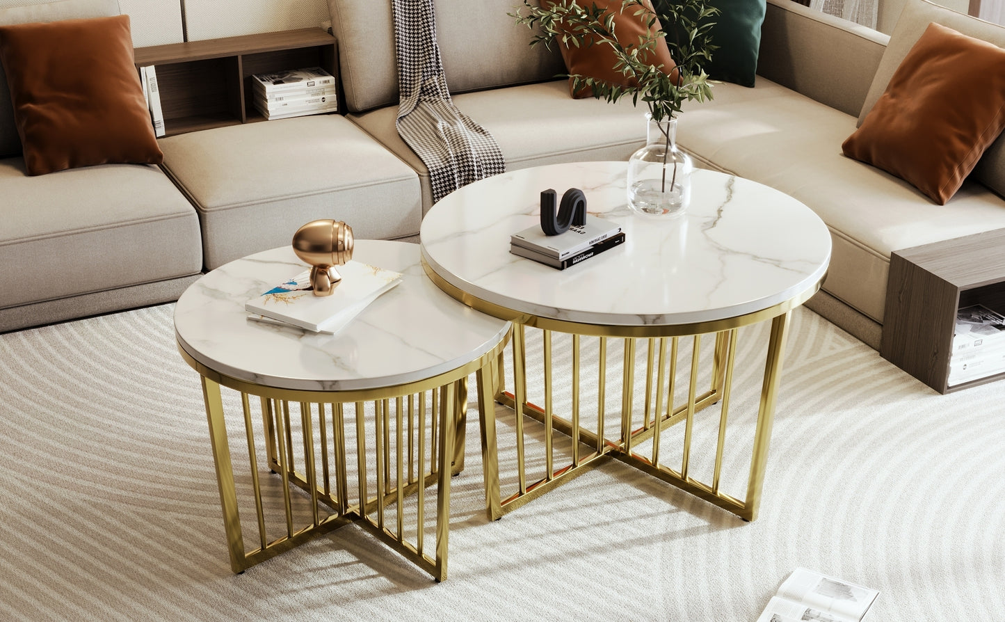 Modern Round Nesting Coffee Table Set 2-Piece White & Marbling Top Gold Base