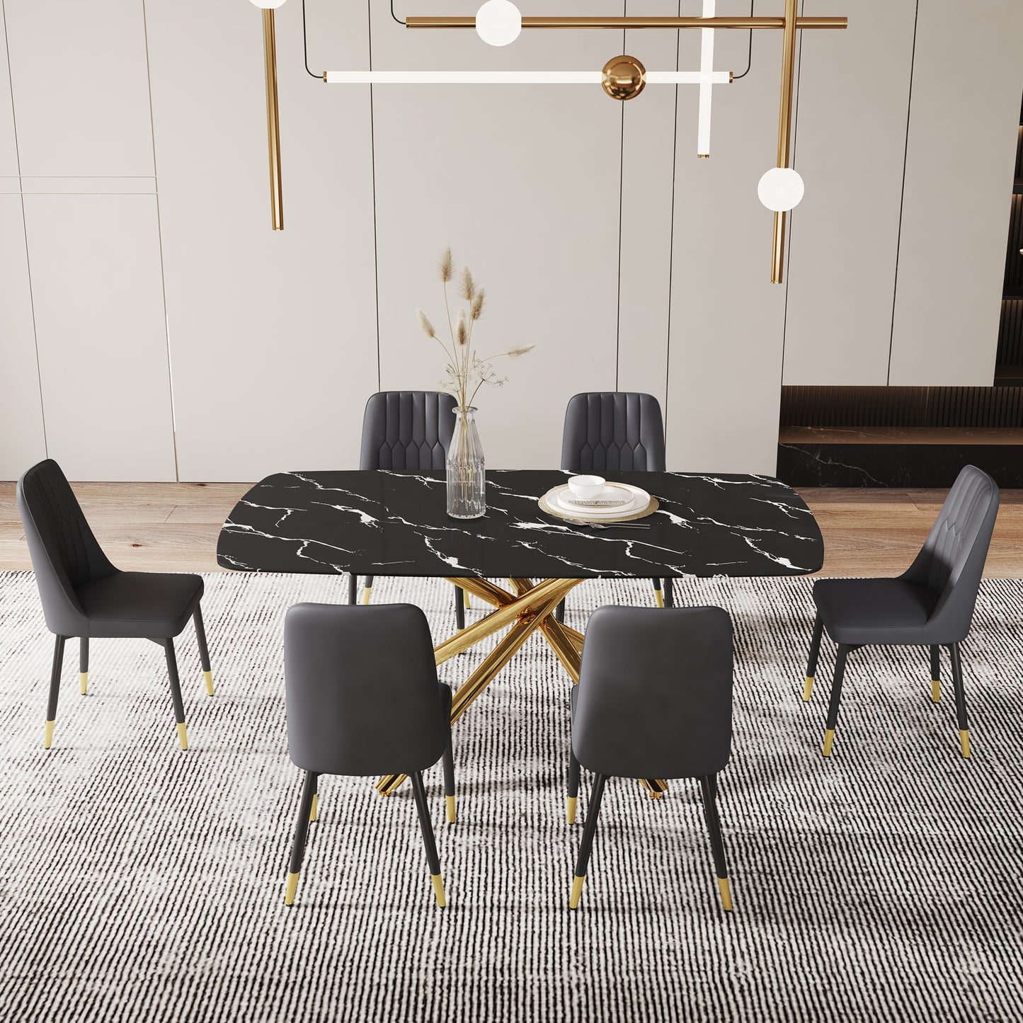 Contemporary Large Dining Table with Black Imitation Marble Top - 0.39" Thick Design with Golden Metal Legs, Perfect for Dining Rooms