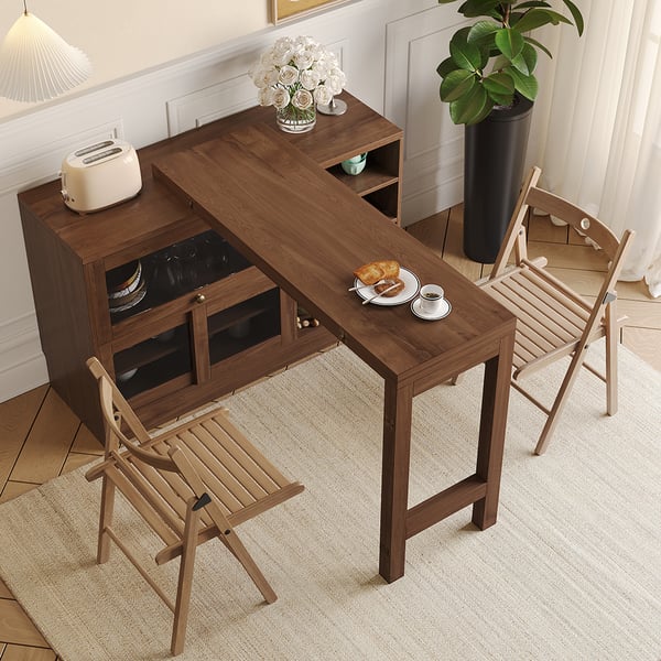 Walnut Storage Sideboard Cabinet Extendable Wood Buffet Foldable Dining Table