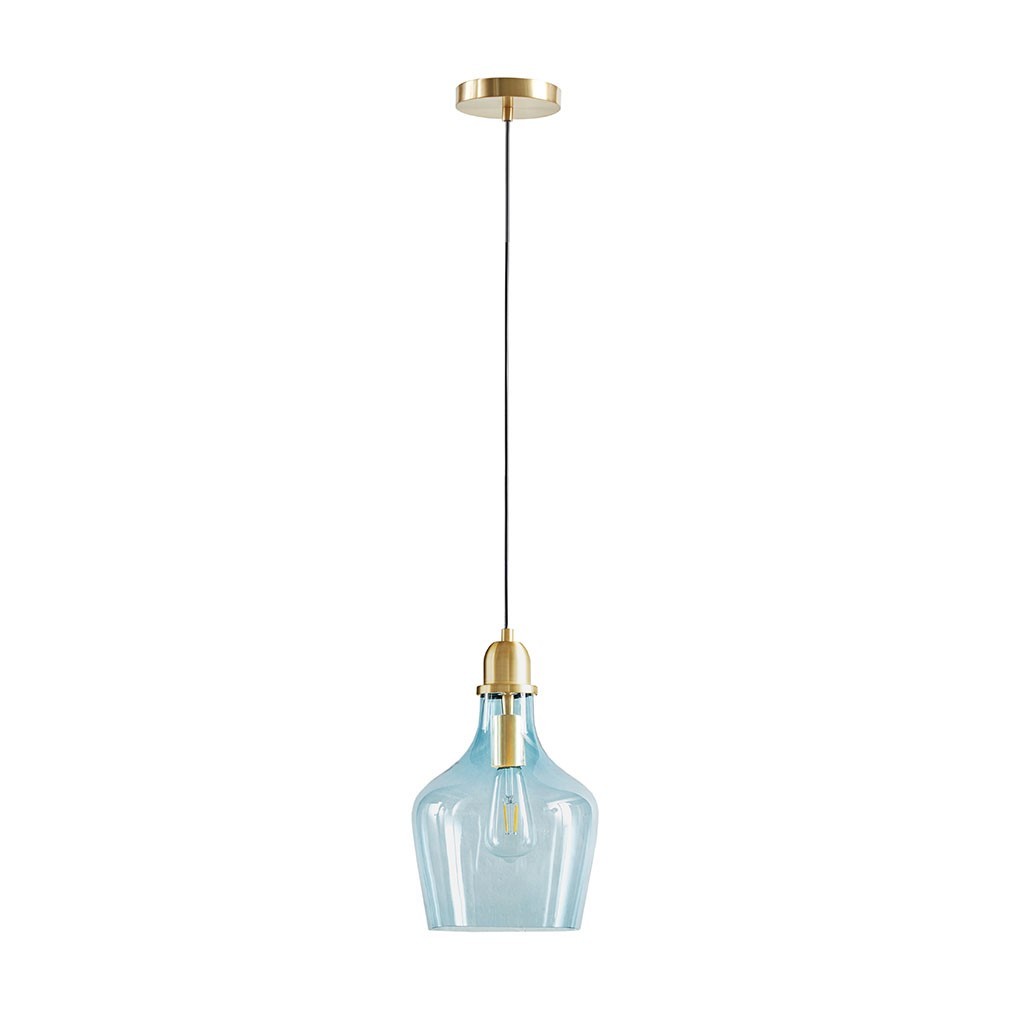 Bell Shaped Glass Pendant In Gold Finish Blue Shade