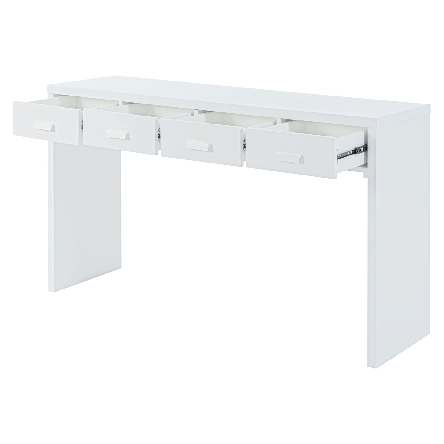 TREXM Table console minimaliste moderne avec plateau ouvert et quatre tiroirs avec poignées en métal pour entrée, salon et salle à manger (blanc)