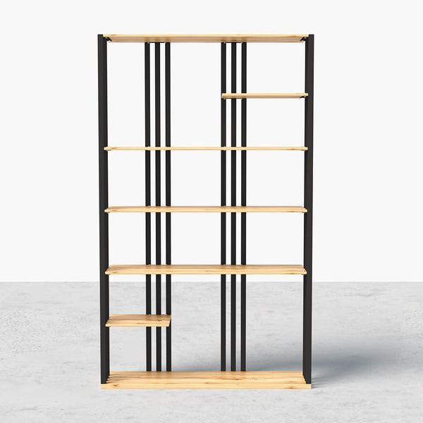 Modern Natural Etagere Bookcase 6-Tier Bookshelf Display in Black Finish