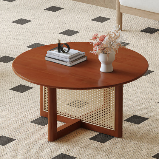 Elegant Deep Red Wooden Coffee Table with Artificial Rattan Decorations Ideal for Living Rooms and Relaxing Tea Time