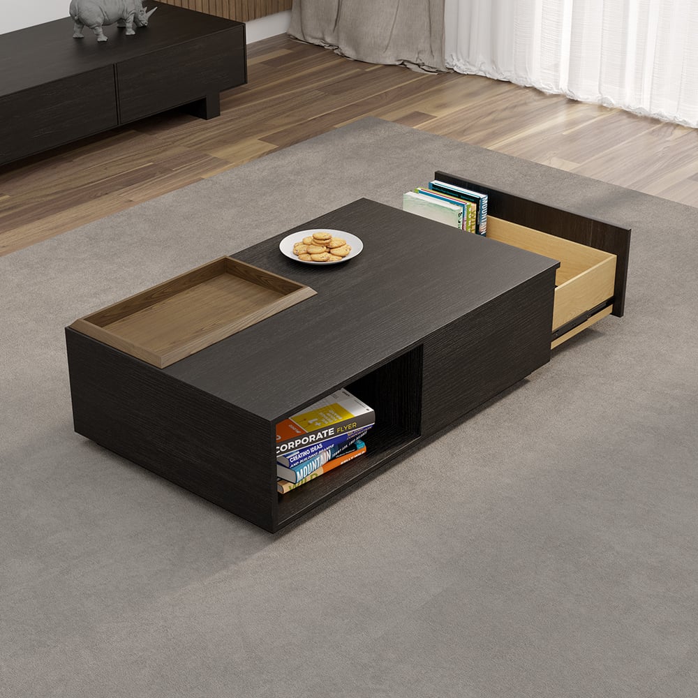 Rectangular Wood Coffee Table with Drawer & Removable Tray top Black & Walnut