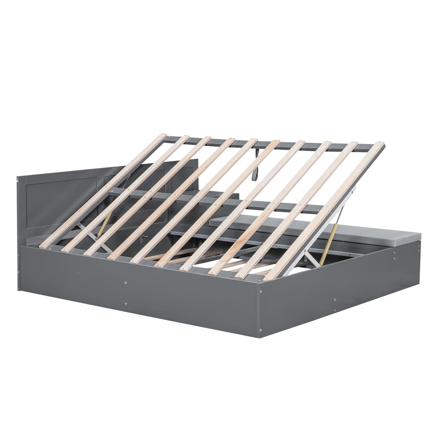 Lit plateforme hydraulique pleine grandeur avec rangement en bois avec lit gigogne double, table d'appoint et salon, gris