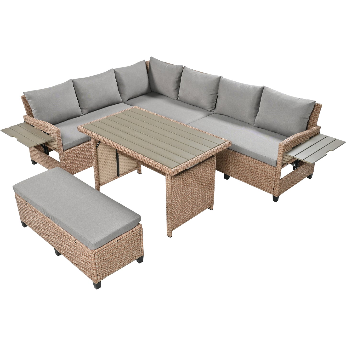 TOMAX Ensemble de canapés d'extérieur en rotin 5 pièces, ensemble de meubles de jardin sectionnels en osier PE en forme de L avec 2 tables d'appoint extensibles, table de salle à manger et housses lavables pour jardin, bord de piscine, intérieur, marron