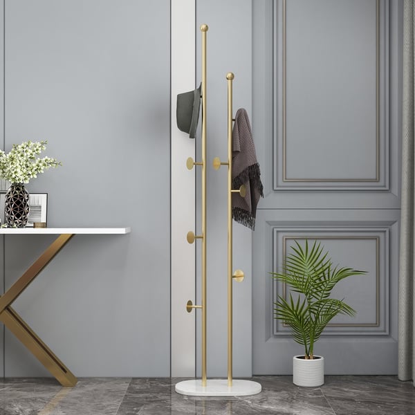 66" Gold Modern Chic Metal Freestanding Coat Rack with Rail Marble Base