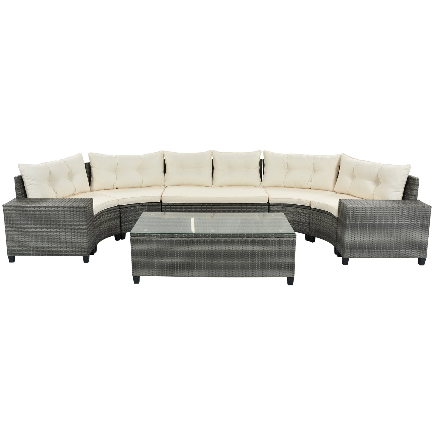 GO 8-pieces Outdoor Wicker Round Sofa Set, Half-Moon Sectional Sets All Weather, Curved Sofa Set With Rectangular Coffee Table, PE Rattan Water-resistant and UV Protected, Movable Cushion, Beige