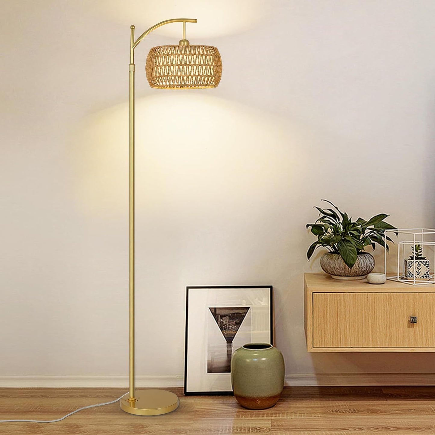 Arc Floor Lamp with 3 Color Temperatures & Remote - Boho Gold LED Standing Lamp with Rattan & Fabric Shades