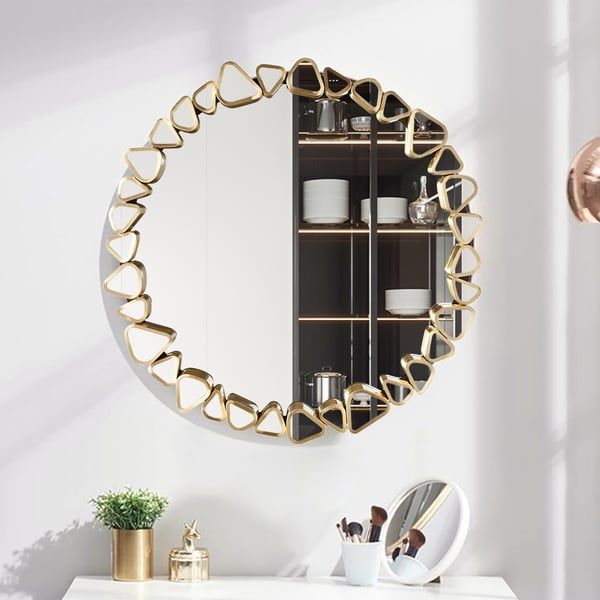 23.6" Modern Large Gold Round Pebble Wall Mirror Decor with Geometric Frame Living Room