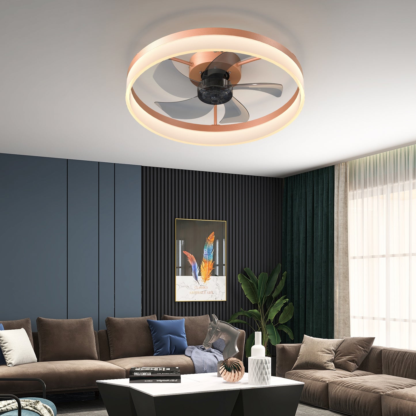 Sleek Rose Gold Ceiling Fan with Dimmable LED Lights - Embedded Installation for a Modern Look