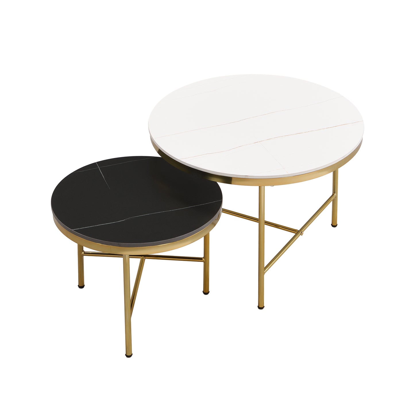 Modern Round Nesting Coffee Table Set 2-Piece Black & White Sintered Stone Top Gold Base in 23.6''&17.7''