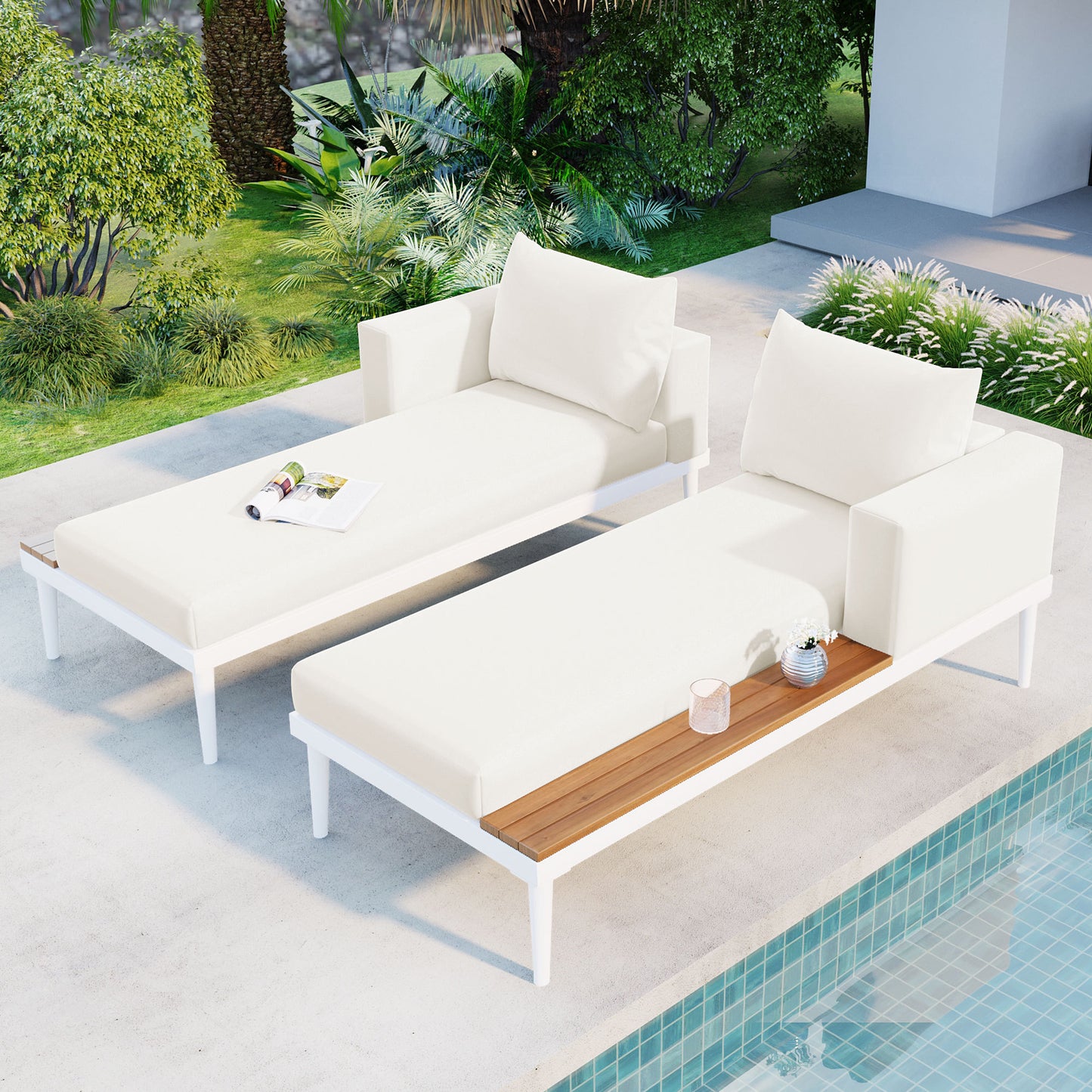 TOPMAX Lit de repos d'extérieur moderne en métal avec espaces latéraux en bois pour boissons, chaise longue rembourrée 2 en 1 pour bord de piscine, balcon, terrasse, beige
