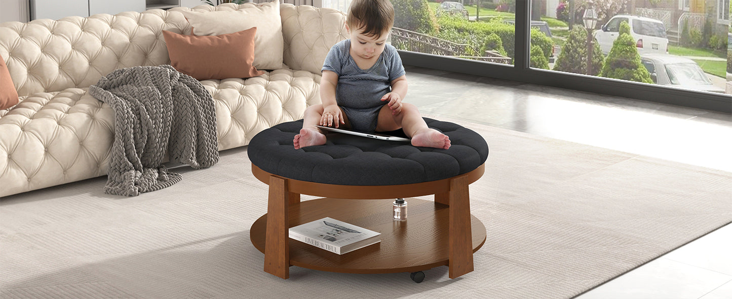 Modern Large Round Ottoman Coffee Table 2-Tier Oversized Button Tufted Ottoman with Wood Shelf Storage Upholstered Coffee Table for Living Room Footrest Ottoman with wheel, waterproof Linen