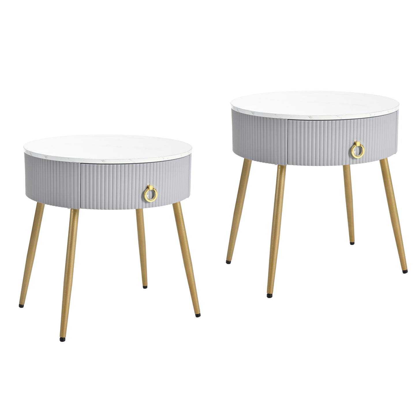 ON-TREND Φ19.6'' Easy Assembly End Tables with High Gloss Faux Marble Tabletops, Set of 2, Modern Fluted 2 Side Tables with Drawers, Round Coffee Tables with Golden Legs for Living Room, Grey