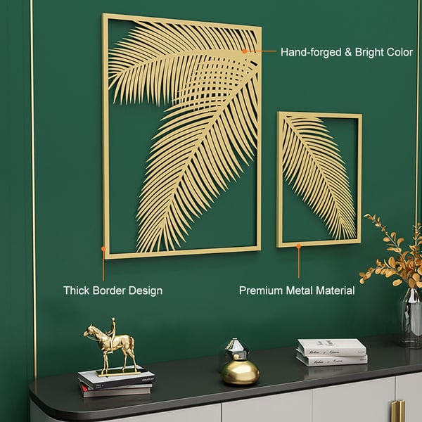 2 Pieces Metal Wall Decor Rectangular Palm Leaf Home Art Set in Gold for Living Room