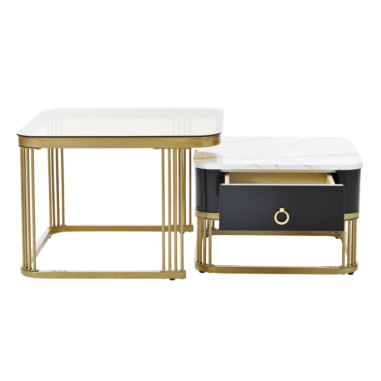 ON-TREND Nesting Coffee Table with Drawer, Set of 2, Exquisite Square Stacking Coffee Tables with Brown Tempered Glass, Side Table with High Gloss Marble Grain Tabletop for Living Room, Black