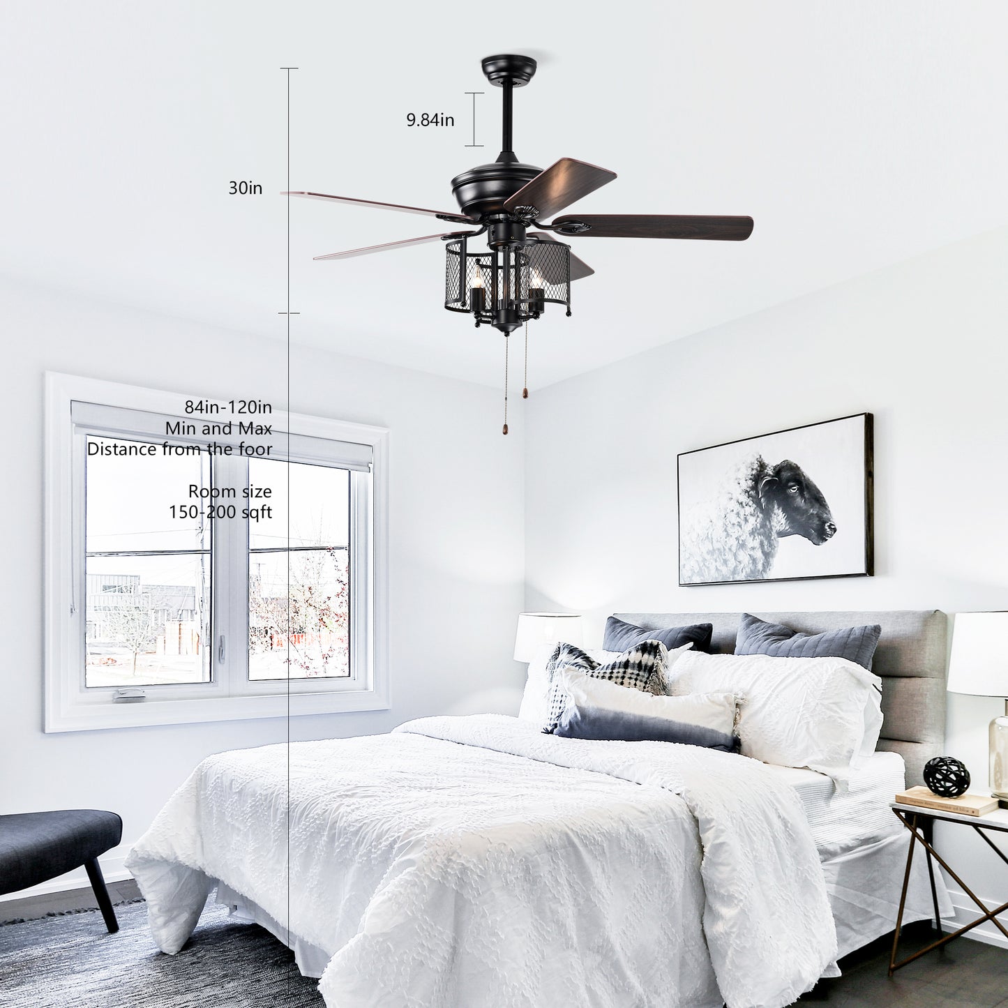 Farmhouse Ceiling Fan 52" with Dual Finish Blades - Matte Black, Hand Pull Chain for Indoor Use