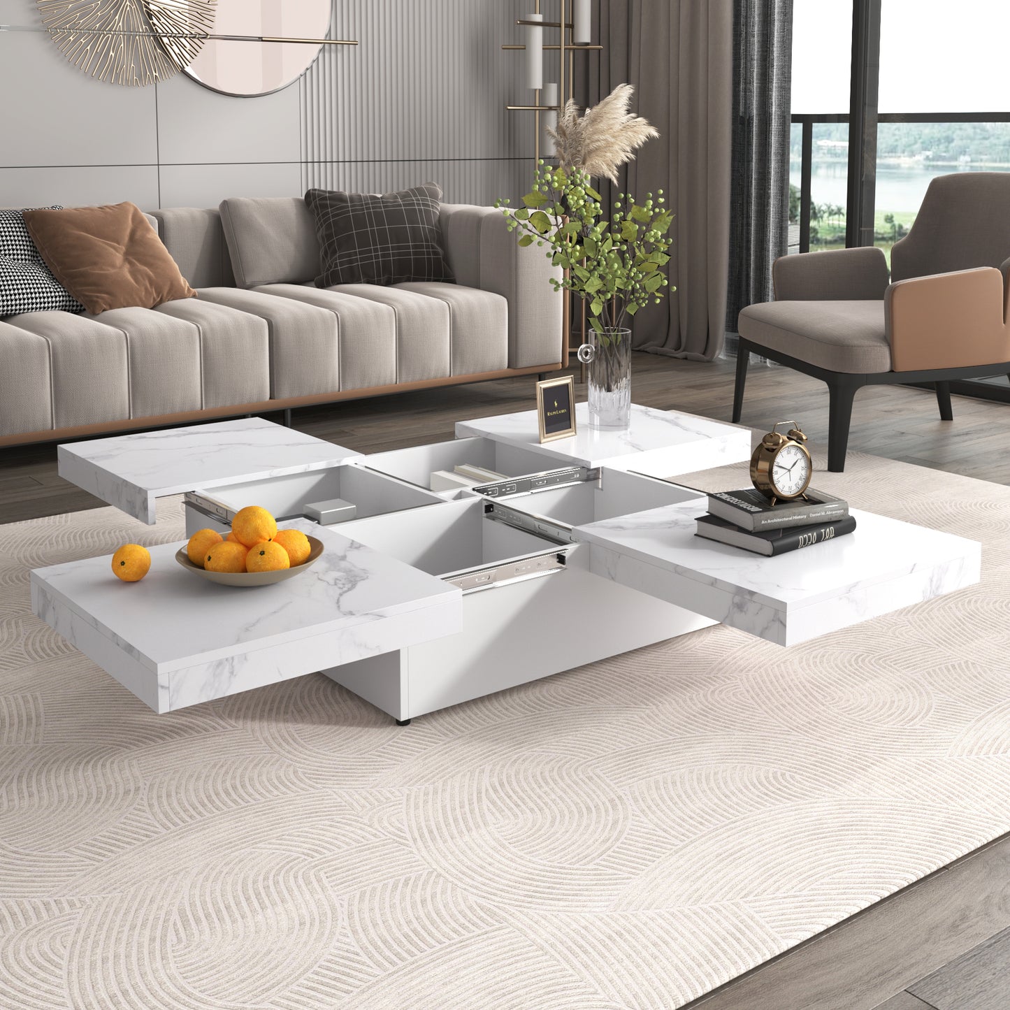 Square Marble Veneer Coffee Table Sliding Top with Storage in White 39.4''