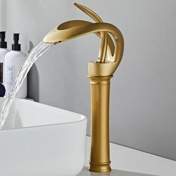 Modern Elegant Waterfall Bathroom Vessel Sink Faucet Single Handle Solid Brass in Gold