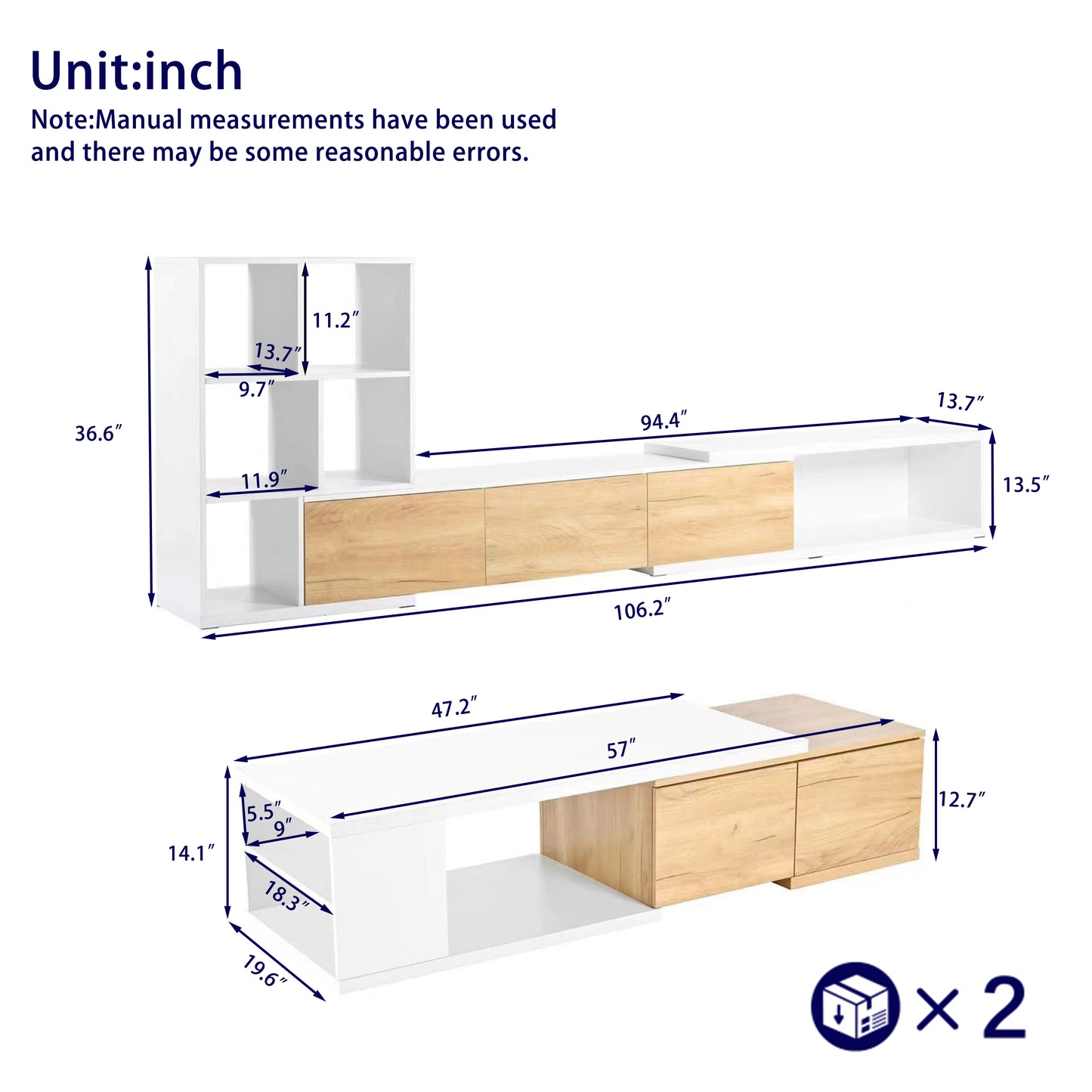 [VIDEO provided] ON-TREND Extendable TV Stand and Coffee Table, Set of 2, Media Console with 3 Tier Bookshelves for TVs up to 110'', Dual-tone Center Table with Sliding Tabletop for Living Room, White