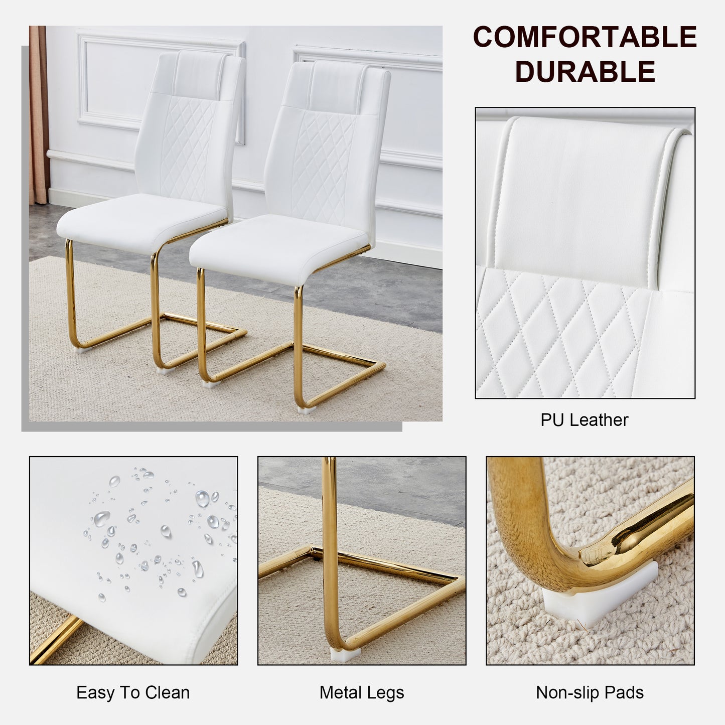 Elegant Golden Leg Cushioned Artificial Leather Dining Chairs Set of 4 (White + PU)