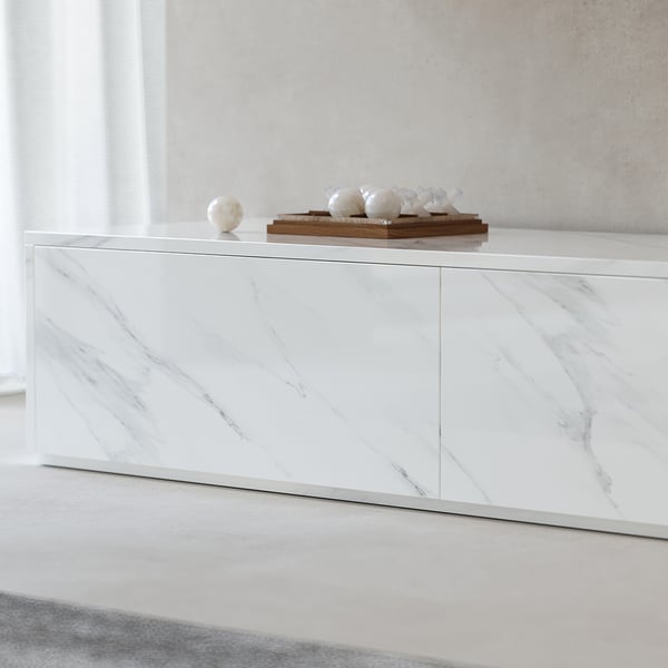 78.9" Modern Wood Block TV Stand Marble & Walnut Veneer in White with 4 Drawers