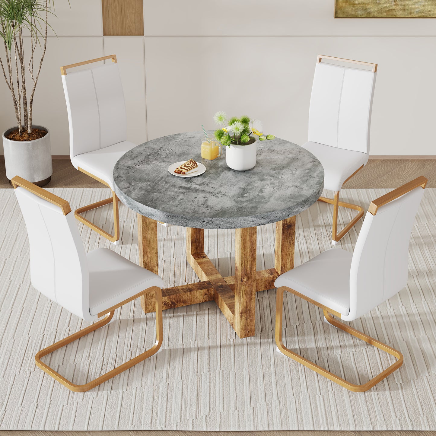 A modern and practical circular dining table. Made of MDF tabletop and wooden MDF table legs. Suitable for living room and bedroom. 42 inches * 42 inches * 30 inches