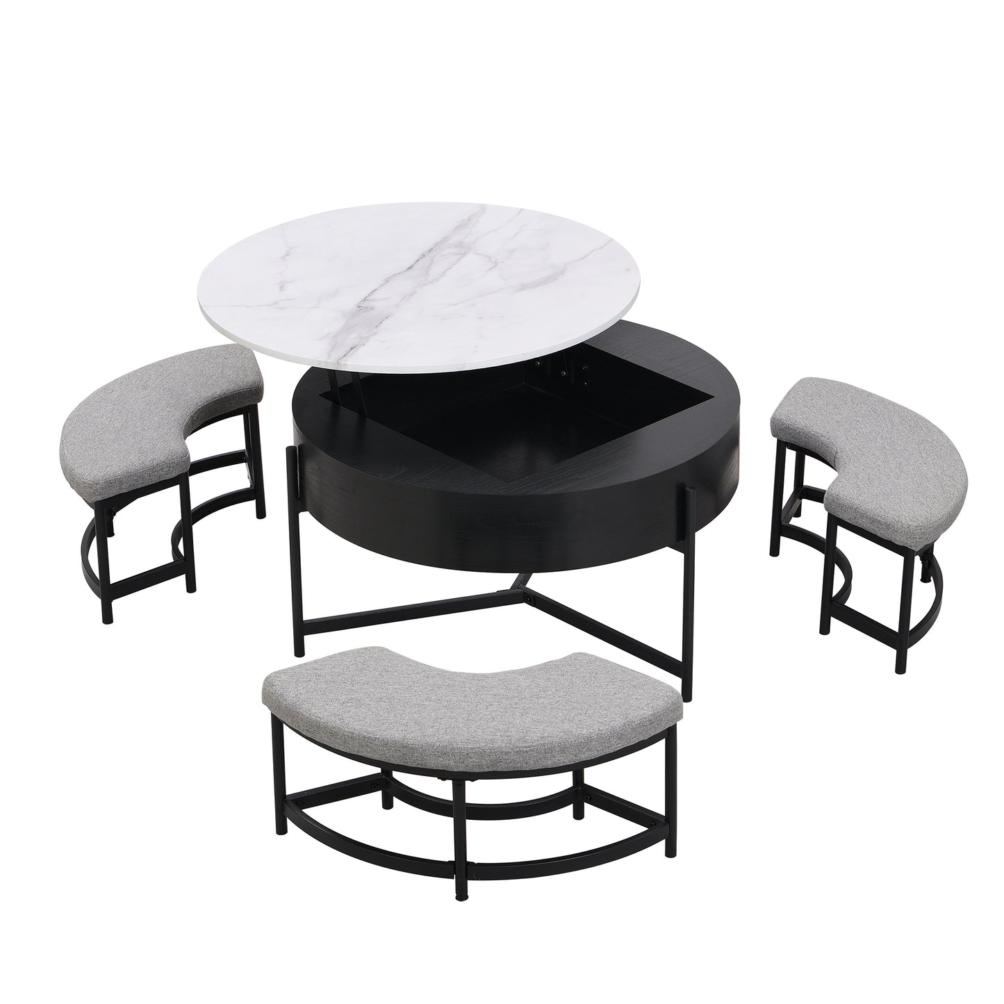 Modern Round Lift-Top Coffee Table with Storage & 3 Ottoman White & Black