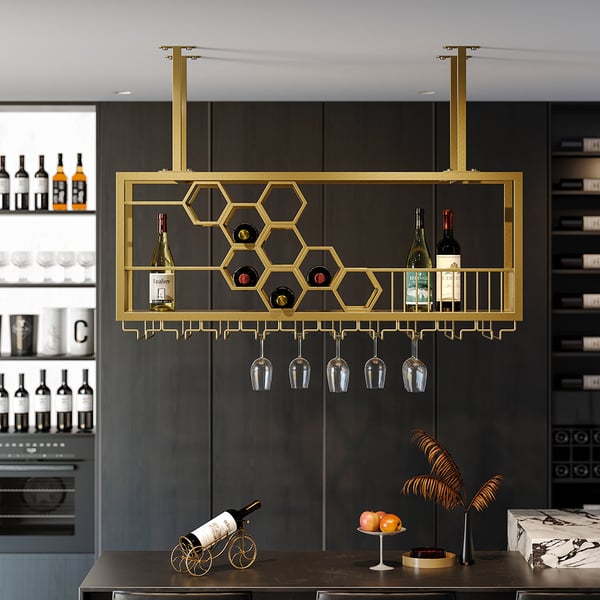 38'' Metal Hanging Wine Rack Golden Bar Shelf Floating Wine Glass Holder