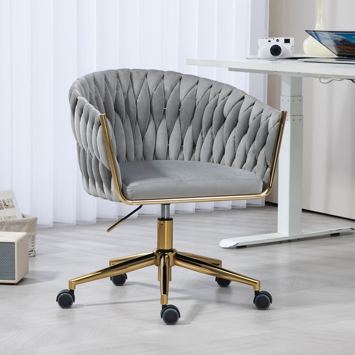Modern design the backrest is hand-woven Office chair,Vanity chairs with wheels,Height adjustable,360°swivel for bedroom, living room(GREY)