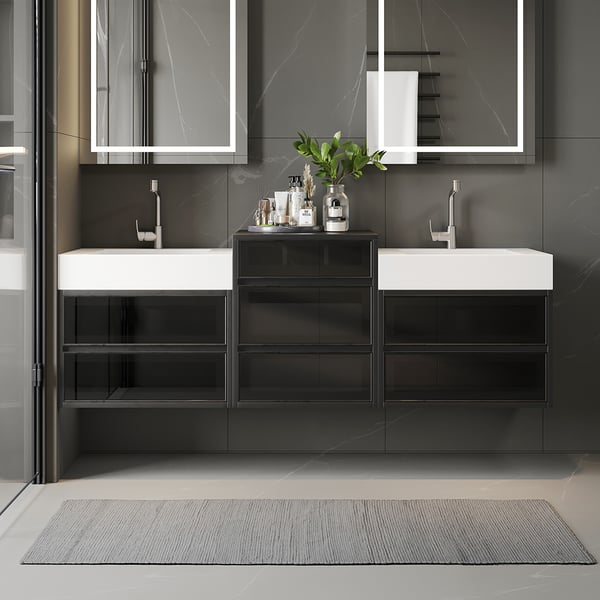 Meuble-lavabo double flottant de 67 po et tour centrale noire avec dessus en faux marbre