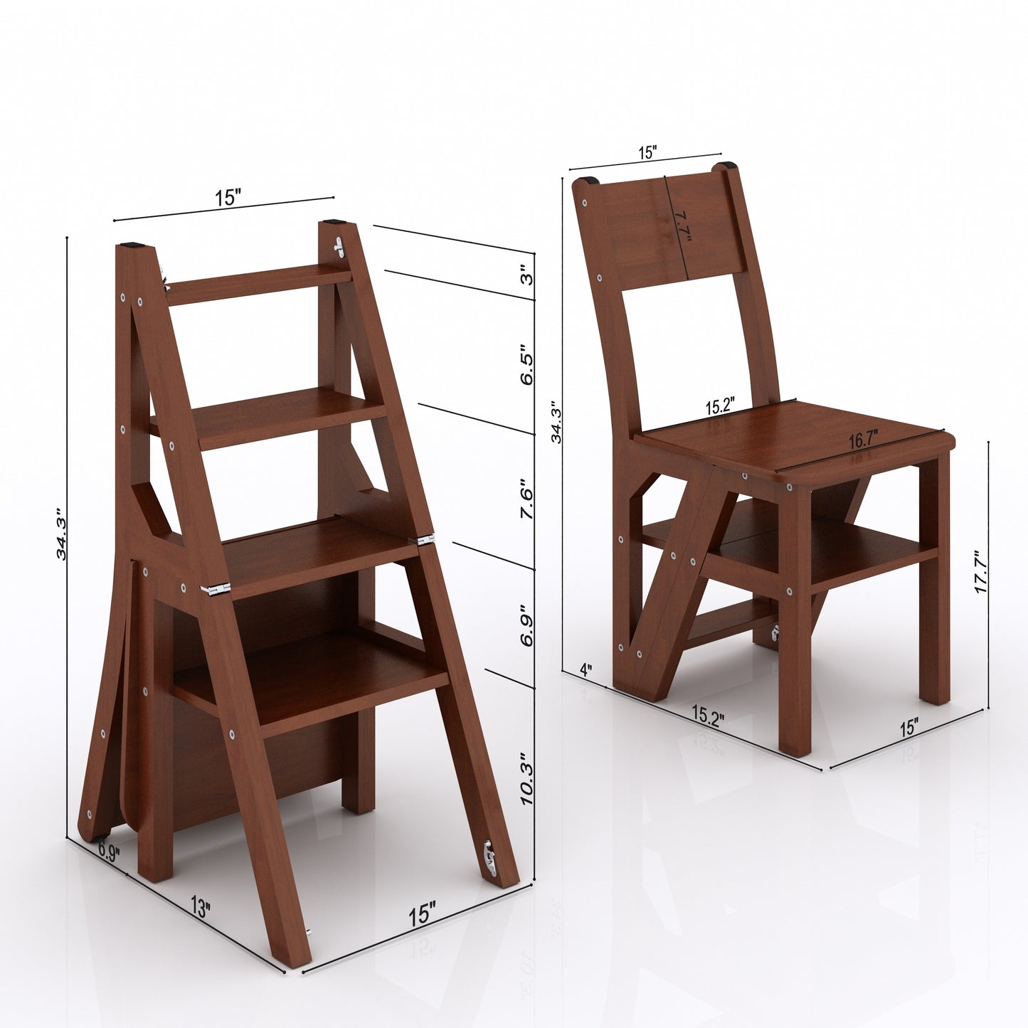 Brown Finish,Solid Wood Step Folding Ladder Chair,Multifunction Wood Folding Stool for Home Kitchen Library Ladder Chair