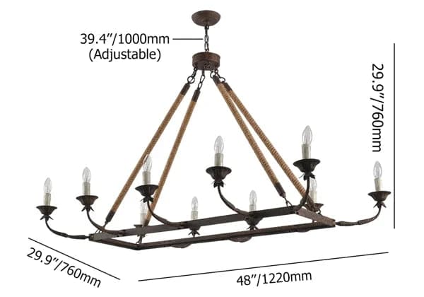 Lustre rectangulaire à 10 lumières, lustre linéaire de 48 po, corde de chanvre