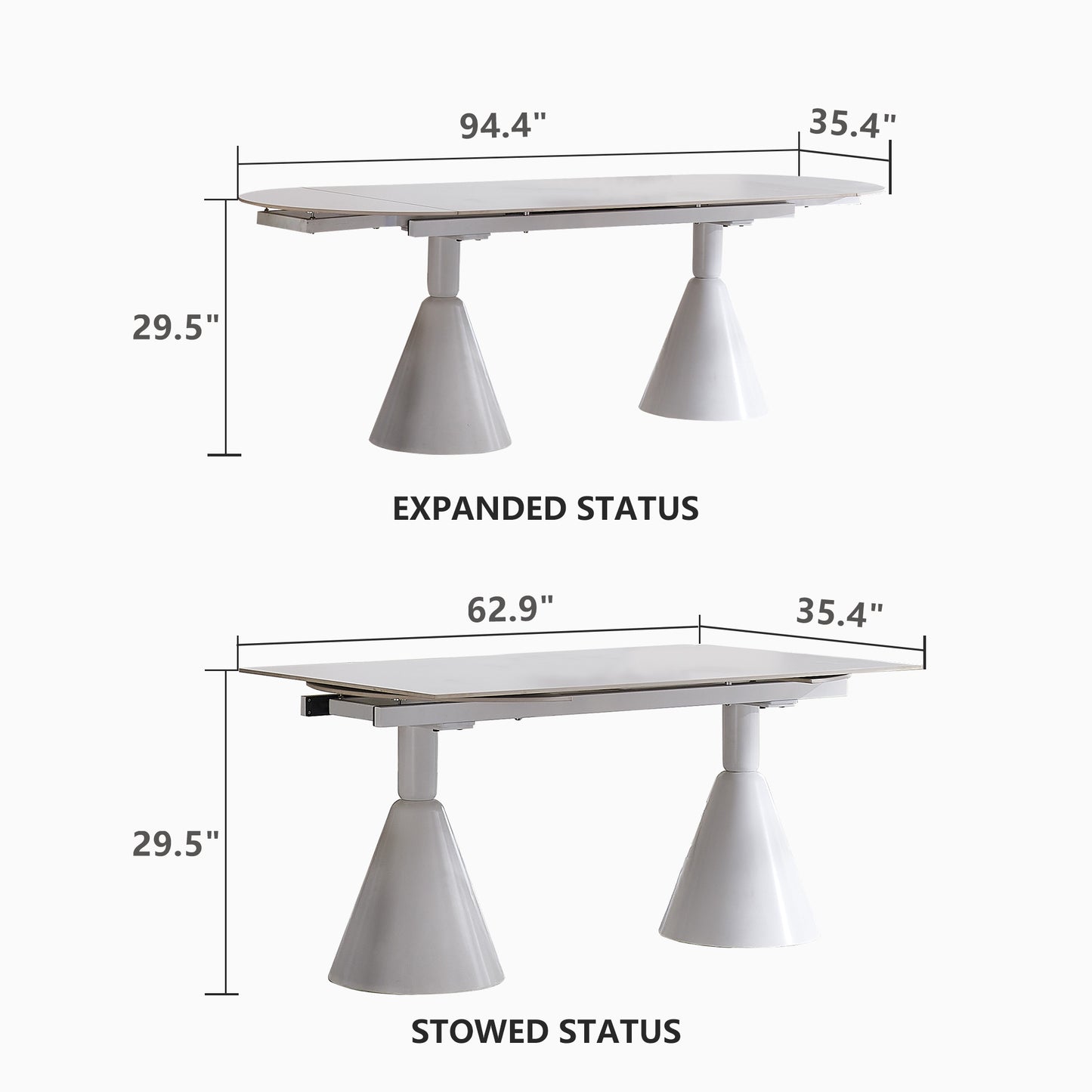 Table de salle à manger blanche extensible ovale moderne de 94,9 po pour 8 personnes avec plateau en pierre frittée et base en acier inoxydable