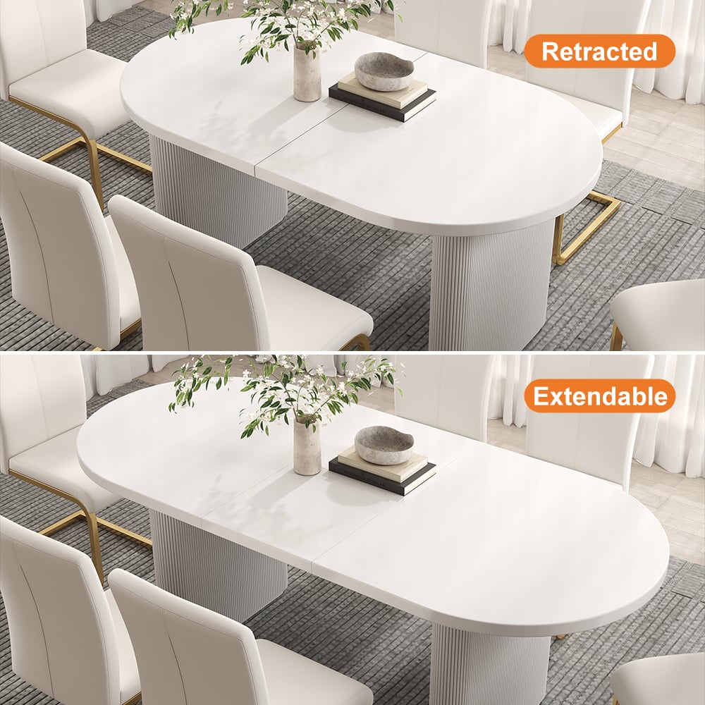 Japandi 63"-79" Oval Extendable White Dining Table & 6 White PU Leather Dining Chairs