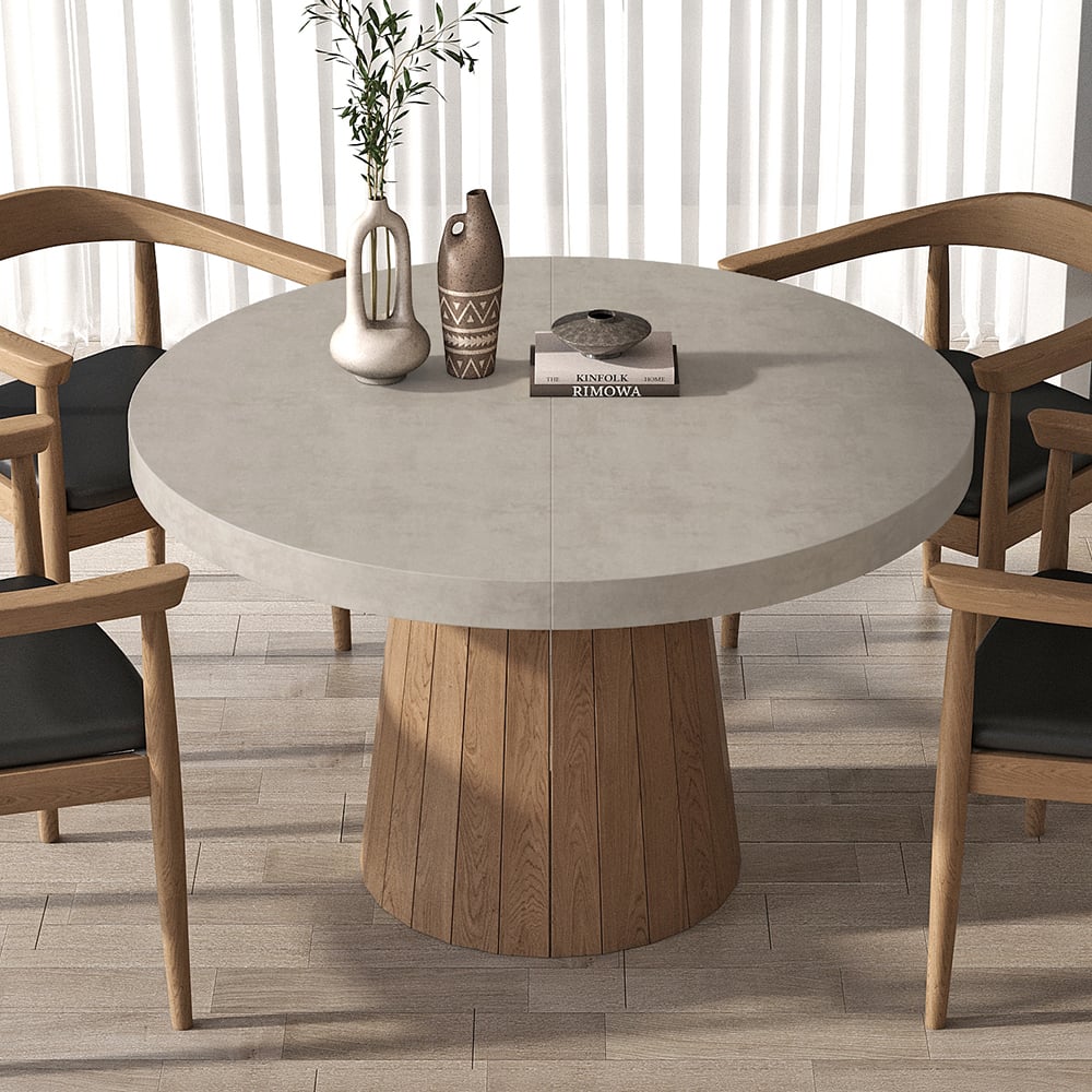 Japandi 39"-55" Extendable Oval&Round Dining Table & 6 Chairs Set Walnut Wooden Armchair