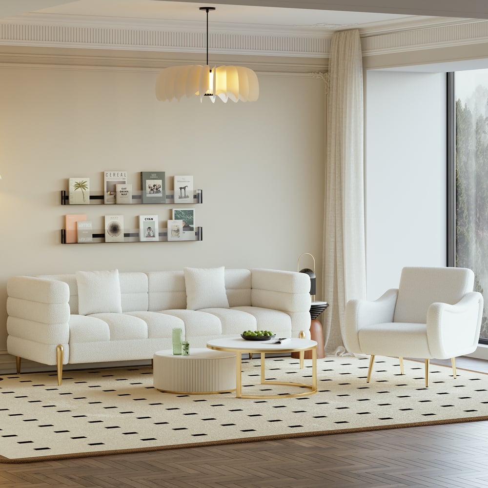 Modern White Boucle Accent Chair Armchair with Metal Leg in Gold