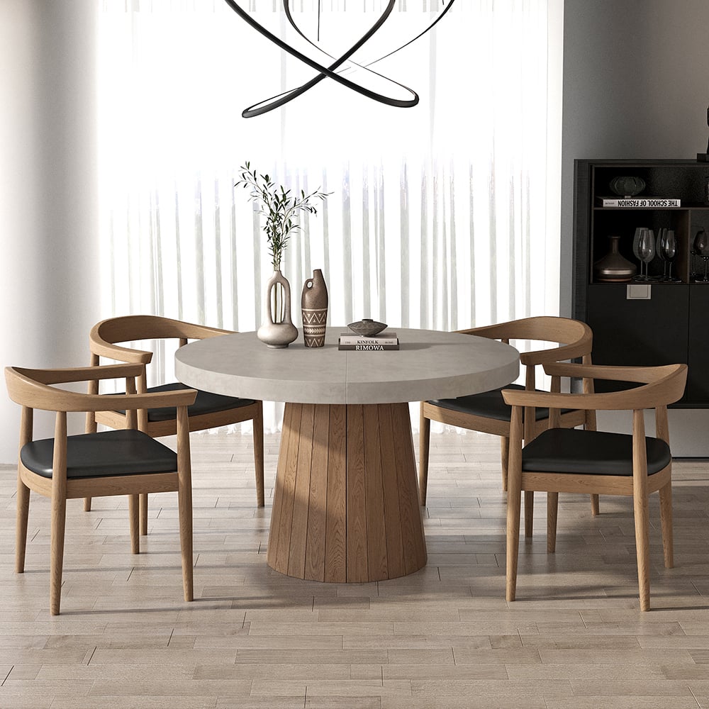 Japandi 39"-55" Extendable Oval&Round Dining Table & 6 Chairs Set Walnut Wooden Armchair