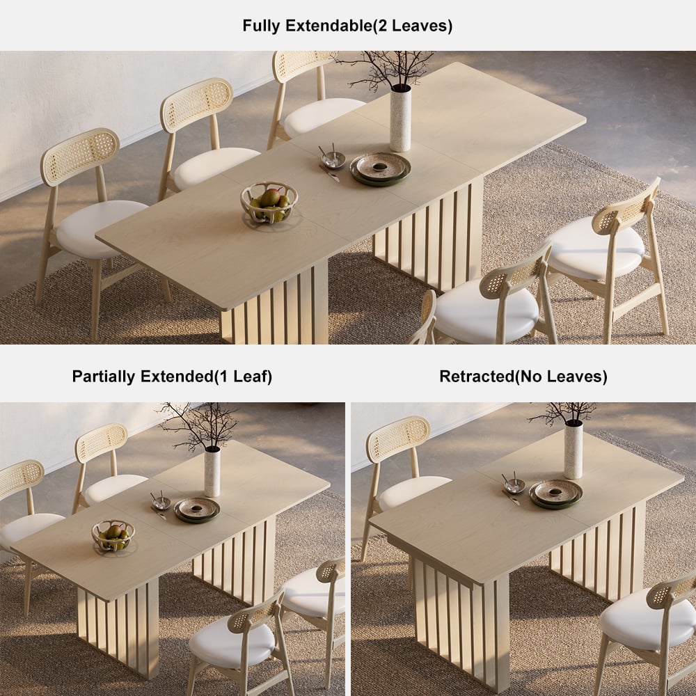 Japandi 55"-87" Extendable Whitewash Dining Table & 6 Wood Rattan Dining Chairs Set