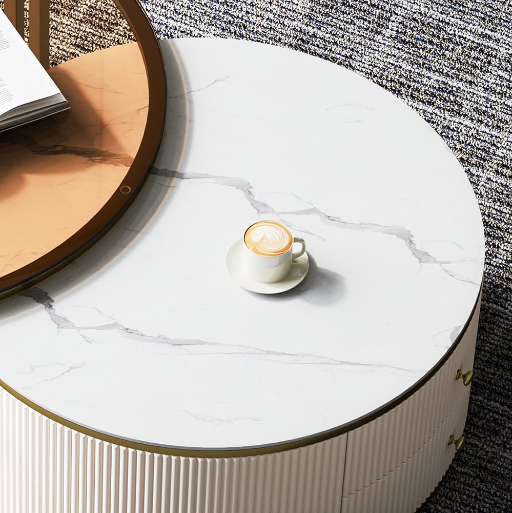 Modern Nesting Sintered Stone Top Off-White Round Glass Small Coffee Table with Storage