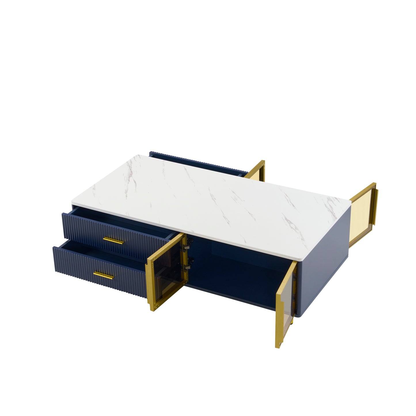 Modern Navy Blue Coffee Table with 2 Glass Door Storage, 4 Drawers, Gold Metal Legs, and Multi-Color Lighting in 47.2''