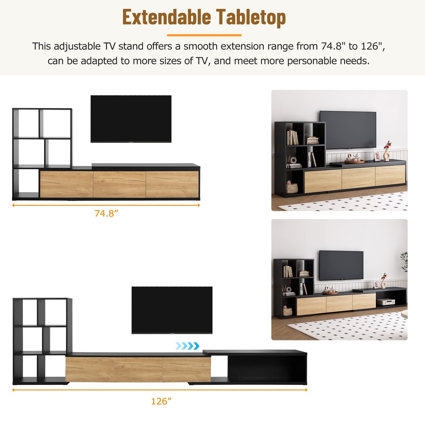 Extendable TV Stand and Coffee Table, Set of 2, Media Console with 3 Tier Bookshelves for TVs up to 110'', Dual-tone Center Table with Sliding Tabletop for Living Room, Black