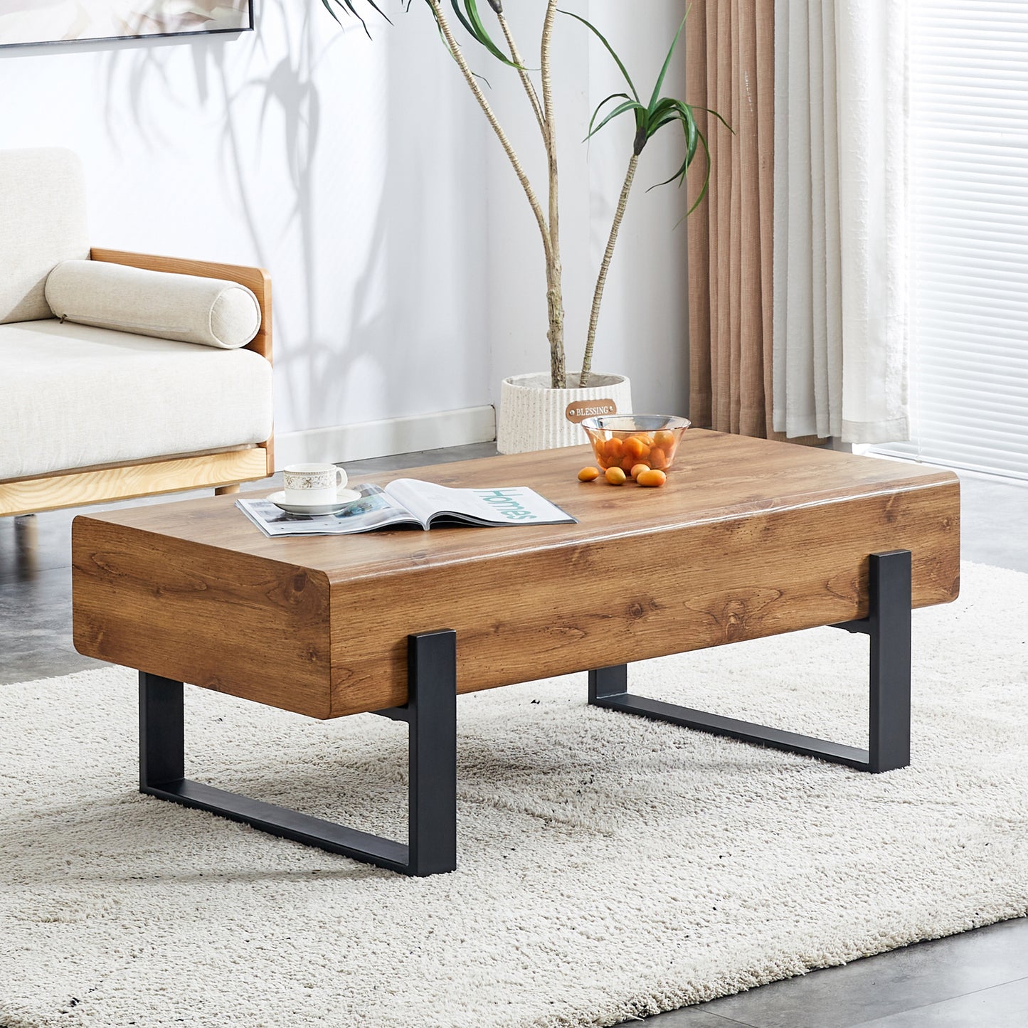 Natural Wood Tone Rustic MDF Coffee Table with Metal Legs